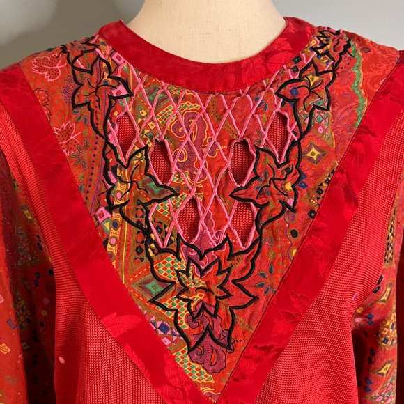 Vintage Diane Freis Long Sleeve Mixed Media Blouse Statement Collar Silk Red - Picture 4 of 12